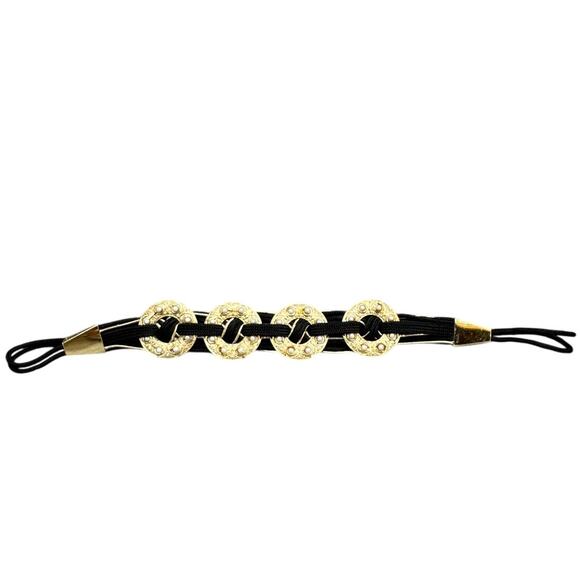 Vintage Black Gold Woven Braided Pearl Hammered Metal Concho Rope Belt Women - Picture 1 of 11